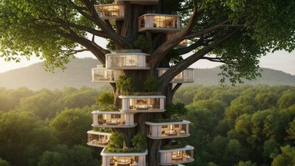 Modern treehouse design with multiple pods in forest