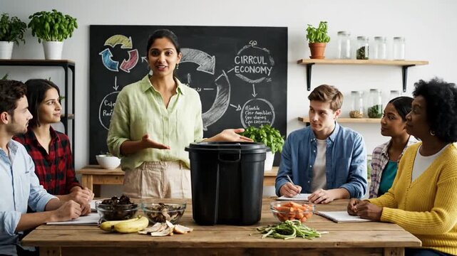 Composting and sustainable living workshop led by waste reduction advocate in community center