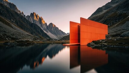 Modern orange structure beside calm lake reflecting mountains