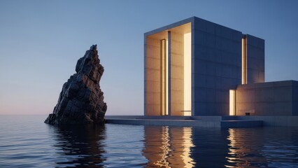 Modern building beside rock formation in water during twilight