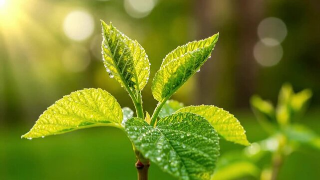 Nature Green Leaves Intro, Fresh organic intro with growing leaves animation, sunlight flares, and eco-friendly video for nature-related brands