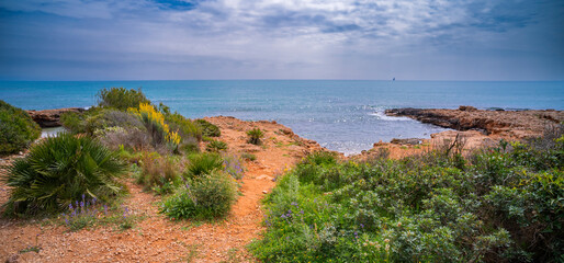 Walking Coast Path, Sierra de Irta Natural Park, Costa de Azahar, Bajo Maestrazgo, Castell&oacute;n, Comunidad Valenciana, Spain, Europe