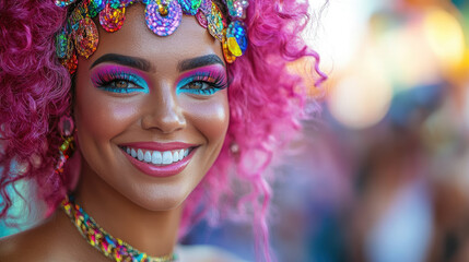 Naklejka premium Young woman at Brazilian carnival, beautiful smiling drag queen model in pink wig with bright makeup on blurred background of Mardi Gras carnival in New Orleans, festival, holiday, girl in costume