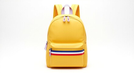 Fototapeta premium Bright yellow backpack with colorful stripes perfect for school travel and everyday use featuring durable fabric and comfortable straps