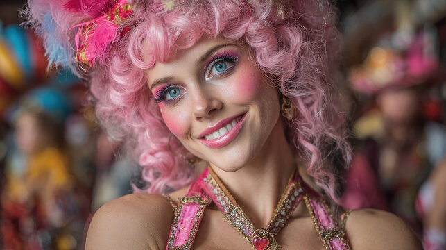 Young woman at Brazilian carnival, beautiful smiling drag queen model in pink wig with bright makeup on blurred background of Mardi Gras carnival in New Orleans, festival, holiday, girl in costume