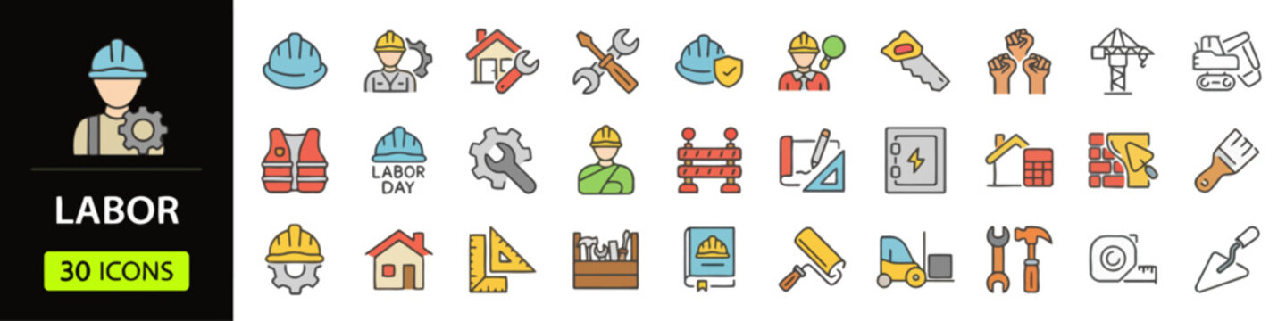 Collection of Labor Icons Representing Various Tools and Occupations