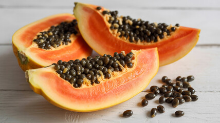 Freshly sliced papaya with black seeds scattered on a wooden surface
