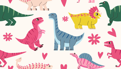 Jurassic hand drawn dino playful seamless pattern. Cartoon dinosaurs background. Flat vector for children © Aliaksandra