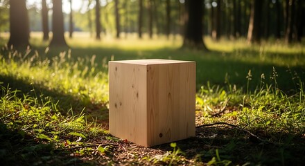 Wooden Cube Display Stand in a Sunlit Forest Glade.