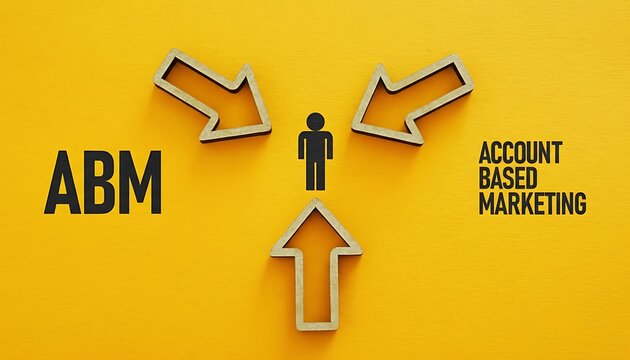 Arrows wooden pointing toward person icon concept for ABM account based marketing, target customer selection, lead qualification, B2B sales funnel strategy on yellow background