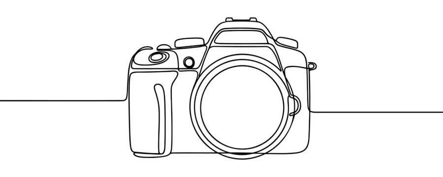 Photo camera in one line art style. Camera drawing with black stroke on white background. Vector illustration.