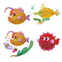 Fototapeta premium Summer Sea Life Clipart Set with Funny Anglerfish and Whimsical Ocean Creatures. These hand-drawn ocean characters are perfect for summer greeting cards, children's book illustrations, stickers