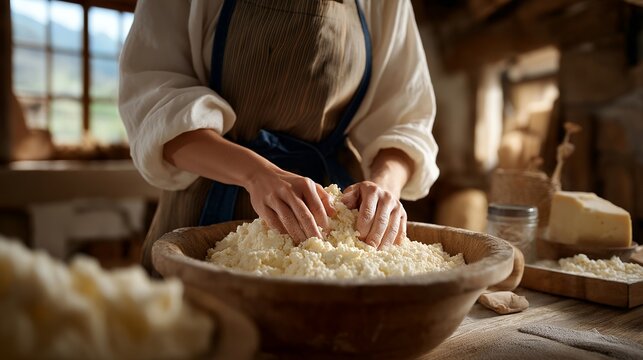 Traditional cheese making process highlighted by artisans kneading fresh curds in a charming country setting filled with rich textures. Warm, inviting atmosphere surrounded by handcrafted wooden