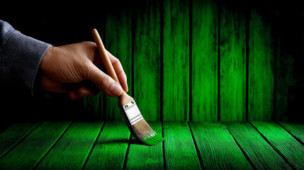 A human hand paints a green building with a brush.