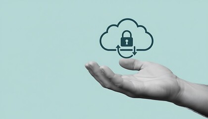 Hand holding cloud storage security icon with padlock and sync arrows, concept for secure data backup, encrypted cloud computing, privacy protection and cybersecurity