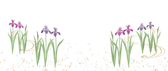 Watercolor Japanese iris (Ayame) with traditional gold stream pattern Washi style floral illustration.-300dpi-