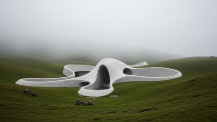 Modern white building sculpture on a green hillside