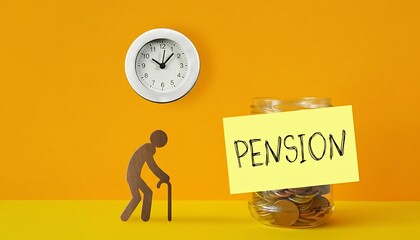 Pension savings concept with jar of coins, sticky note text, elderly figure with cane and wall clock on orange background, retirement planning and finance idea