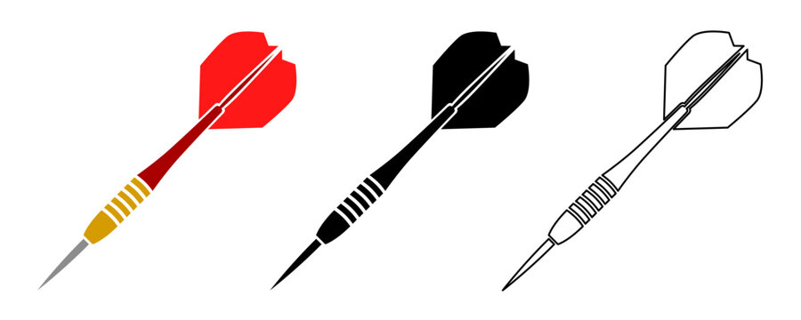 A set of dart icons for the game of darts, presented in three styles: color, black silhouette, and outline. Vector illustration