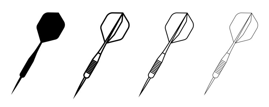A set of dart icons presented in four styles: a solid black silhouette and three outline variations with different line thicknesses. Vector illustration of sports equipment.