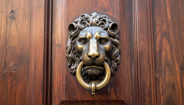 Ornate lion head doorknocker on a dark, wooden door. Detailed, textured, and centered