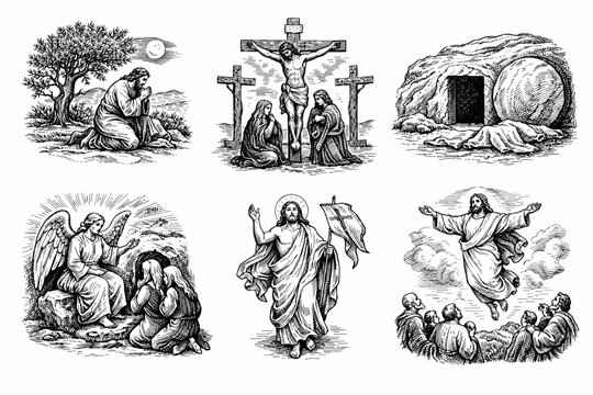 Easter bible story. Bible scenes engraving set, vintage crucifixion and resurrection sketches in woodcut style