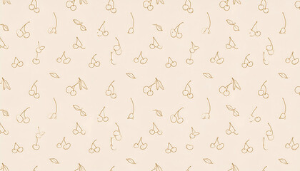Minimalist cherries & leaves pattern in tan on pale peach background, scattered & simple