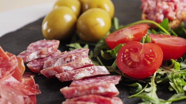 Set of delicious snacks in the restaurant, jamon, sausage fuet large green olives, steak tartare. High quality 4k footage