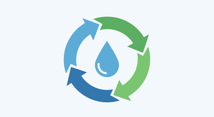 Obraz premium A blue water droplet surrounded by four alternating blue and green arrows forming a circular recycling or conservation symbol on a light background.