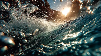 Rising underwater bubbles in sunlight filtered sea images illustration