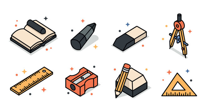 A collection of stationery items including a notebook, pencil, ruler, eraser, and compass in flat modern vector style, ideal for educational materials and graphic design