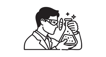 Scientist conducting experiment with flask and test tube, examining chemical reaction, laboratory setting, illustration, close-up view