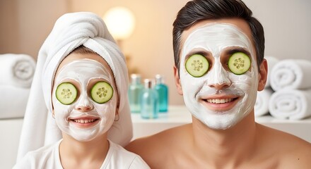 Happy father and daughter enjoying a spa day together, applying face masks and cucumber eye patches.