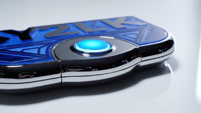 Sleek chrome device with glowing blue button on white surface