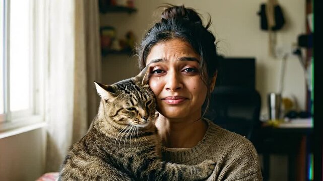Emotional woman hugs tabby cat as it licks her cheek at home by a window, comfort and support during a tough moment.