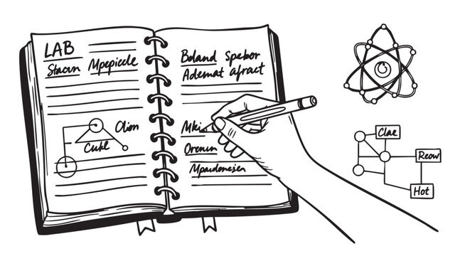 A hand holding a pencil illustrates science concepts in a notebook with diagrams and notes on molecular structures and lab experiments