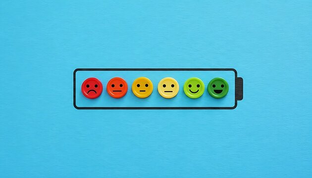 Feedback rating scale with emoji faces from sad to happy in red yellow green on blue background, customer satisfaction survey concept with copy space featuring review, evaluation, user experience