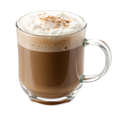 Obraz premium Hot coffee served in a clear glass cup with foam on top and cinnamon sprinkles isolated on transparent background