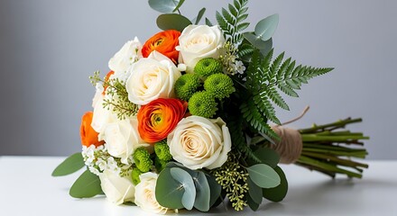 Elegant wedding bouquet with white roses, orange ranunculus, green chrysanthemums, and ferns, tied with twine.