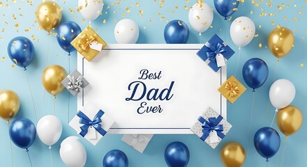 Festive 'Best Dad Ever' celebration with balloons, gifts, and confetti, perfect for Father's Day.