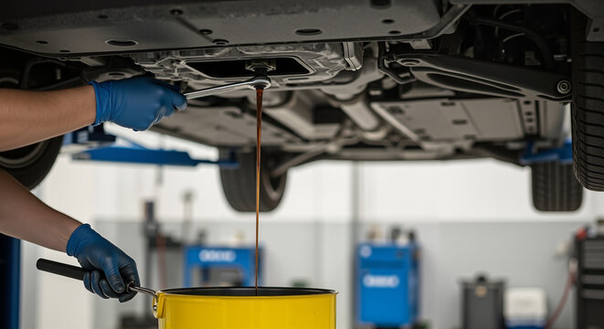 draining old motor oil from car engine close-up showing oil change process and vehicle maintenance concept automotive service repair motor industry  