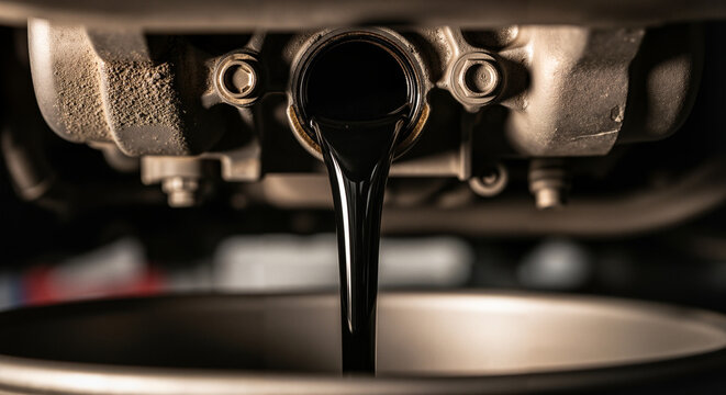 Close-up of draining motor oil from a car engine into a container, car repair concept, auto service center