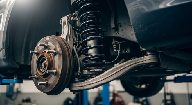seasonal suspension maintenance for car close-up showing shock absorber and suspension components inspection concept automotive repair service vehicle care industry  