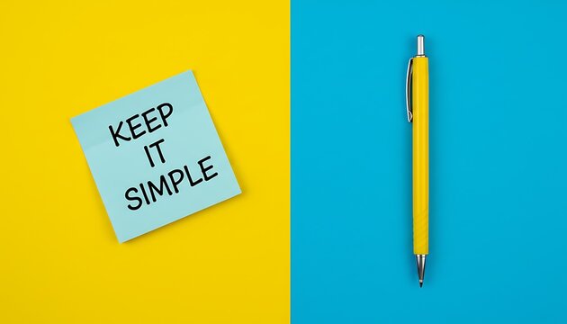 Sticky note with keep it simple message beside yellow ballpoint pen on bright blue and yellow background, minimal flat lay composition for productivity concept