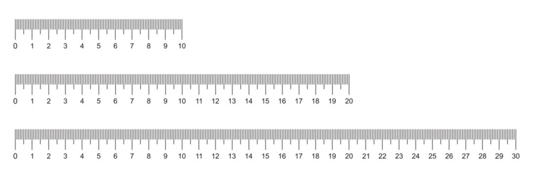 Realistic black measuring rulers ten, twenty and thirty centimeters long. Millimeter measurement. Straight lines. School isolated accessories. Plastic scale. Vector stationeries set 