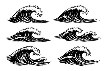 Obraz premium Set of six stylized ocean waves in black and white design.