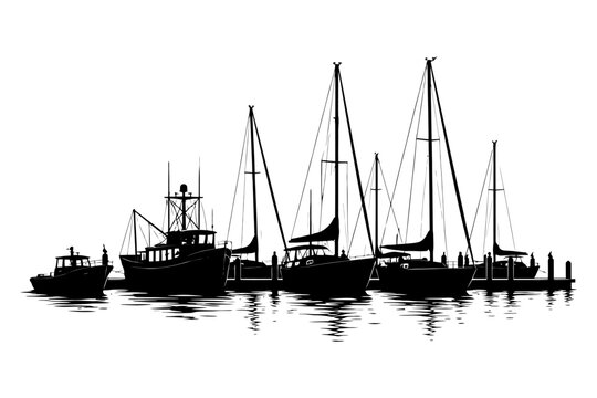 Silhouette of boats and yachts in harbor with calm reflections.