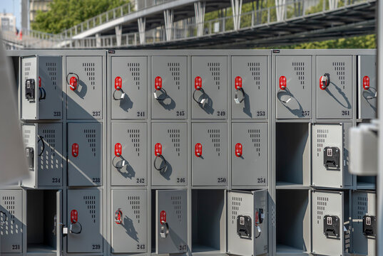 Paris, France - 08 15 2025: La Seine River. Detail view of storage lockers for the Summer swimming pool in Quay de Bercy and Simone de Beauvoir footbridge behind