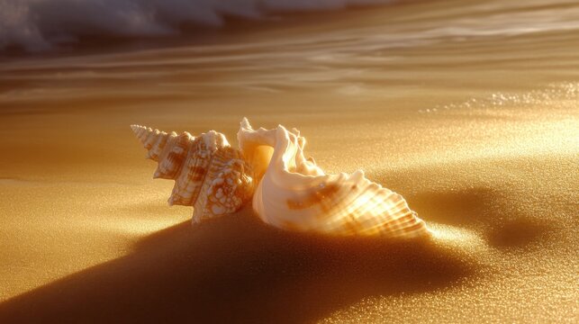 An intricate arrangement of small, polished seashells resting gently on golden sand, beautifully illuminated by the warm glow of sunlight.