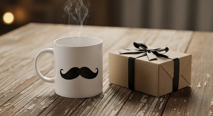 Cozy morning scene with a steaming coffee mug featuring a mustache, a gift box with a black bow, on a wooden table.